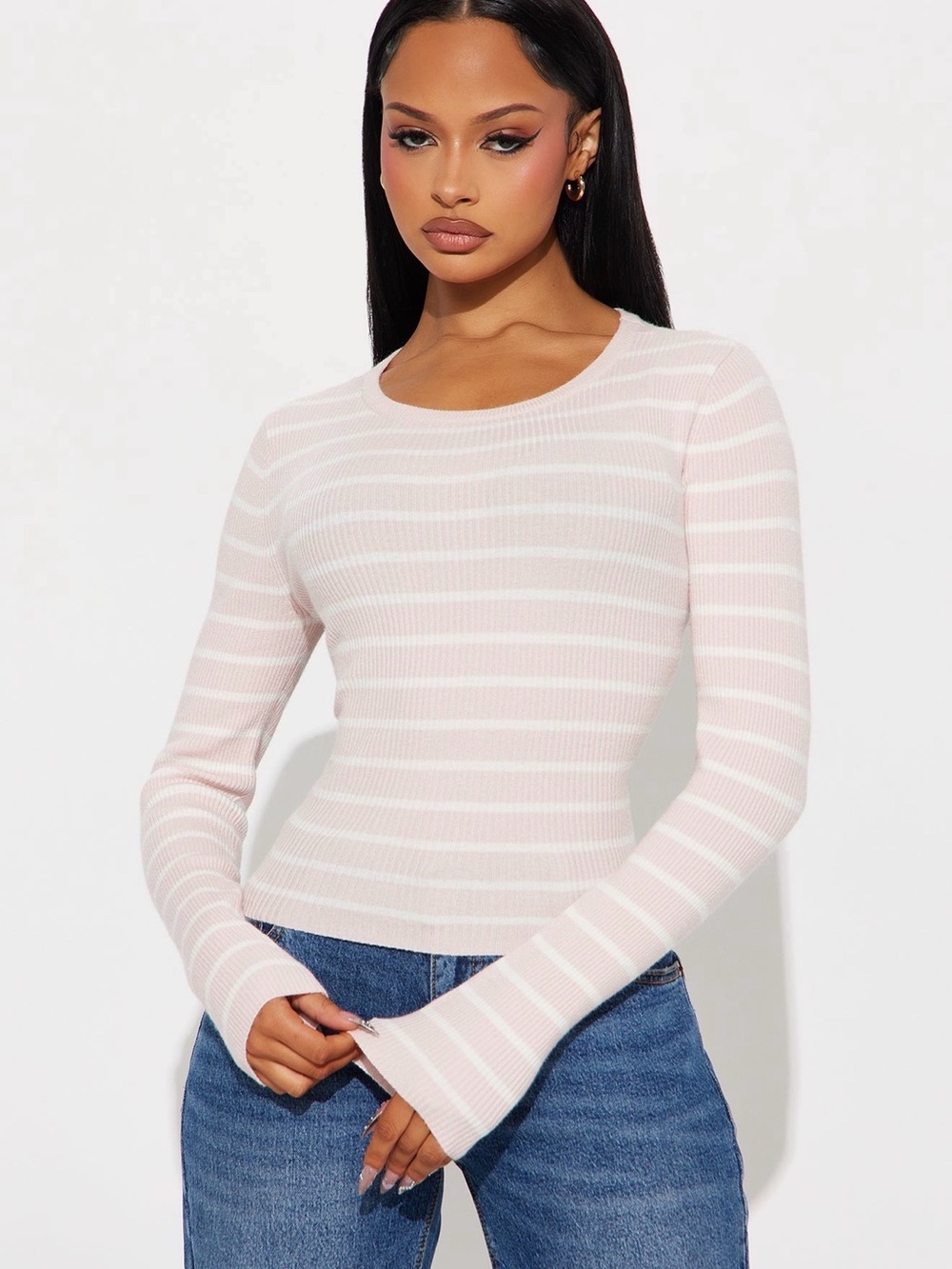 Fashion Nova Pink and White Striped Ribbed Long Sleeve Top